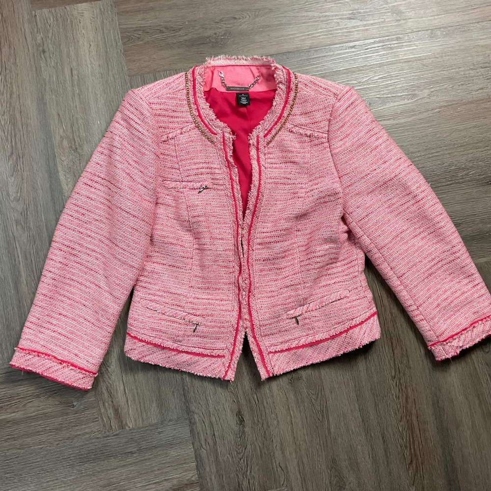 White House Black Market Tweed Boucle Chain Link Jacket Womens 8 Pink White Gold